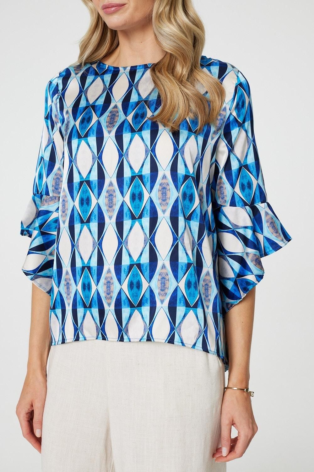 Izabel London Geo Print 3/4 Flute Sleeve Curve Hem Blouse
