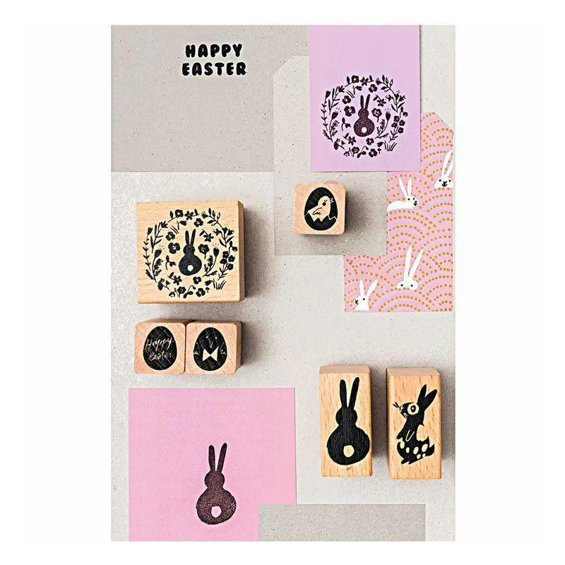 PÂQUES - 7 tampons en bois avec encreur Pâques