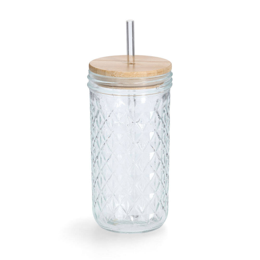 Szklanka z metalową słomką i wieczkiem z bambusa, 580 ml