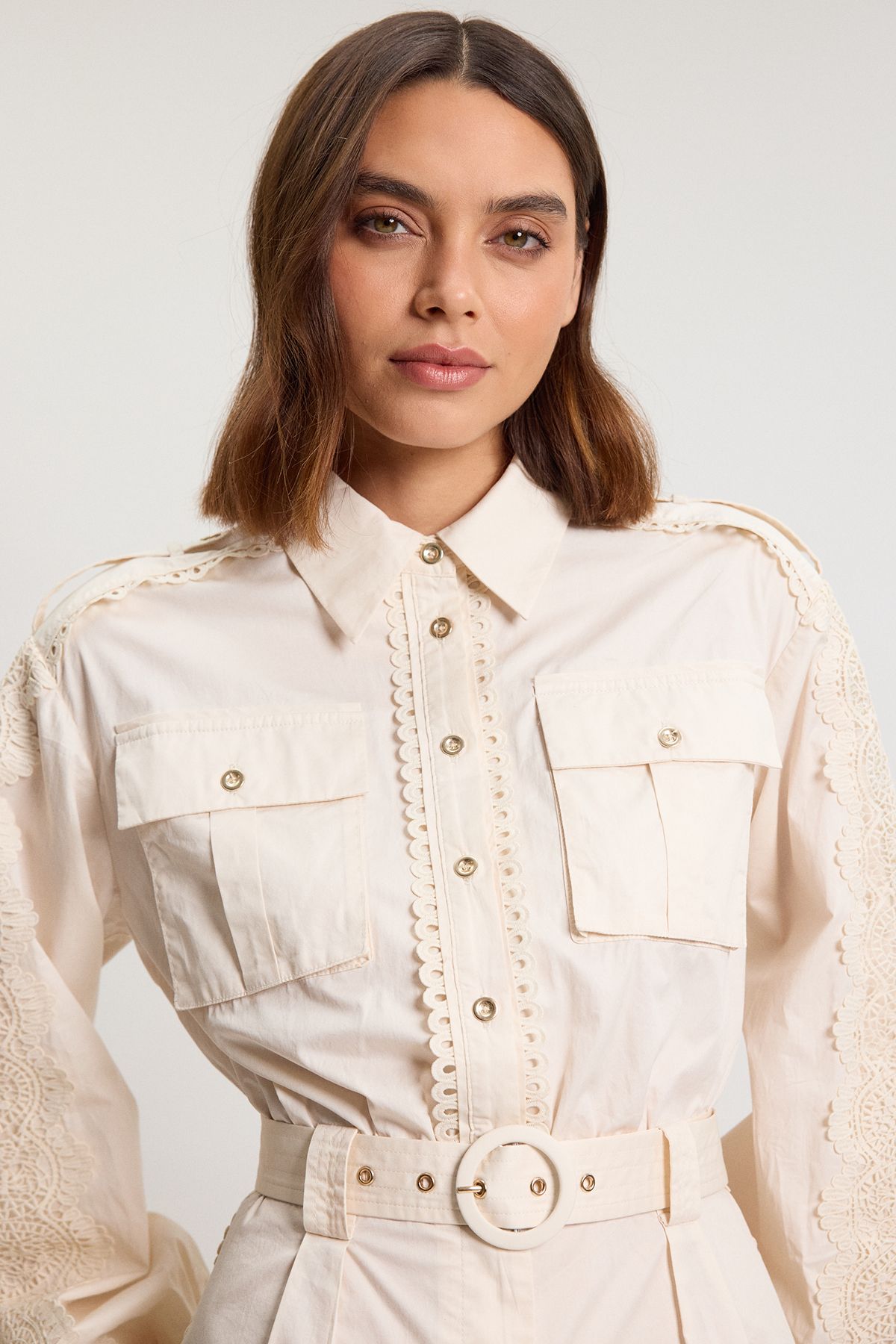 KarenMillen Cotton Sateen With Lace Trim Pocket Detail Playsuit