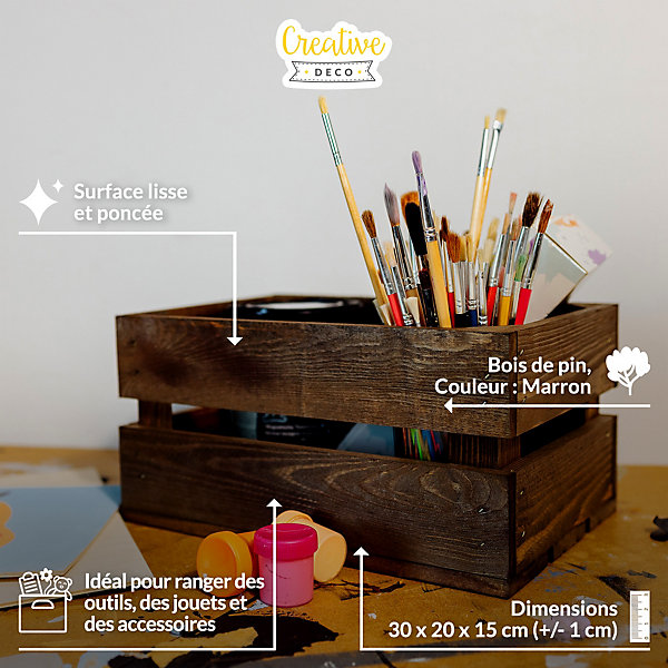Creative Deco Caisse en Bois Wengé 30 x 20 x 15 cm - Caisse Rangement Bois Vintage - Cagette Bois Deco - Boite Decoration