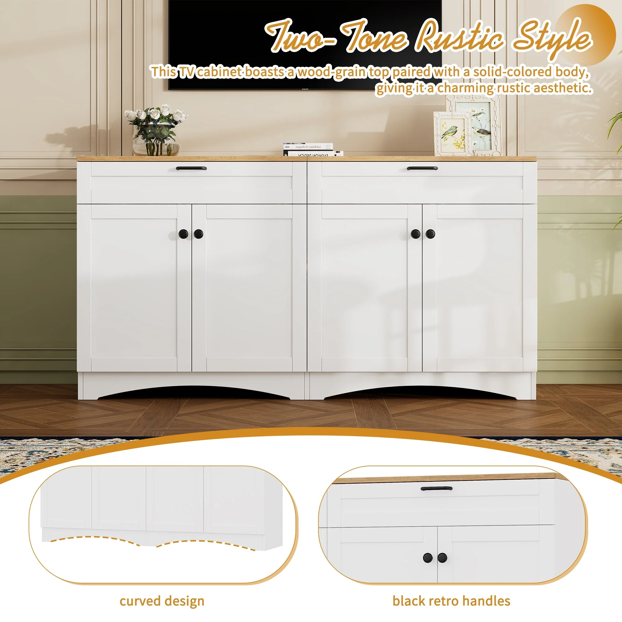 Mid-Century TV Stand with Bookshelf, Rustic Versatile Sideboard with Adjustable Shelves for Living Room