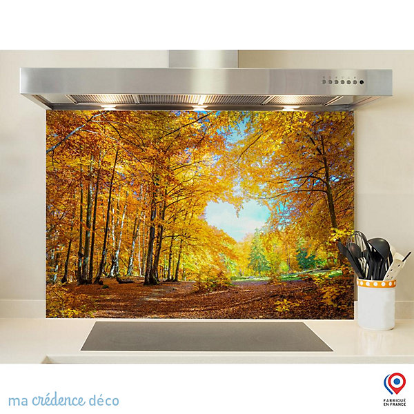 Crédence cuisine fond de hotte forêt et cœur - Verre trempé - L 90 cm x H 60 cm - MaCrédenceDéco