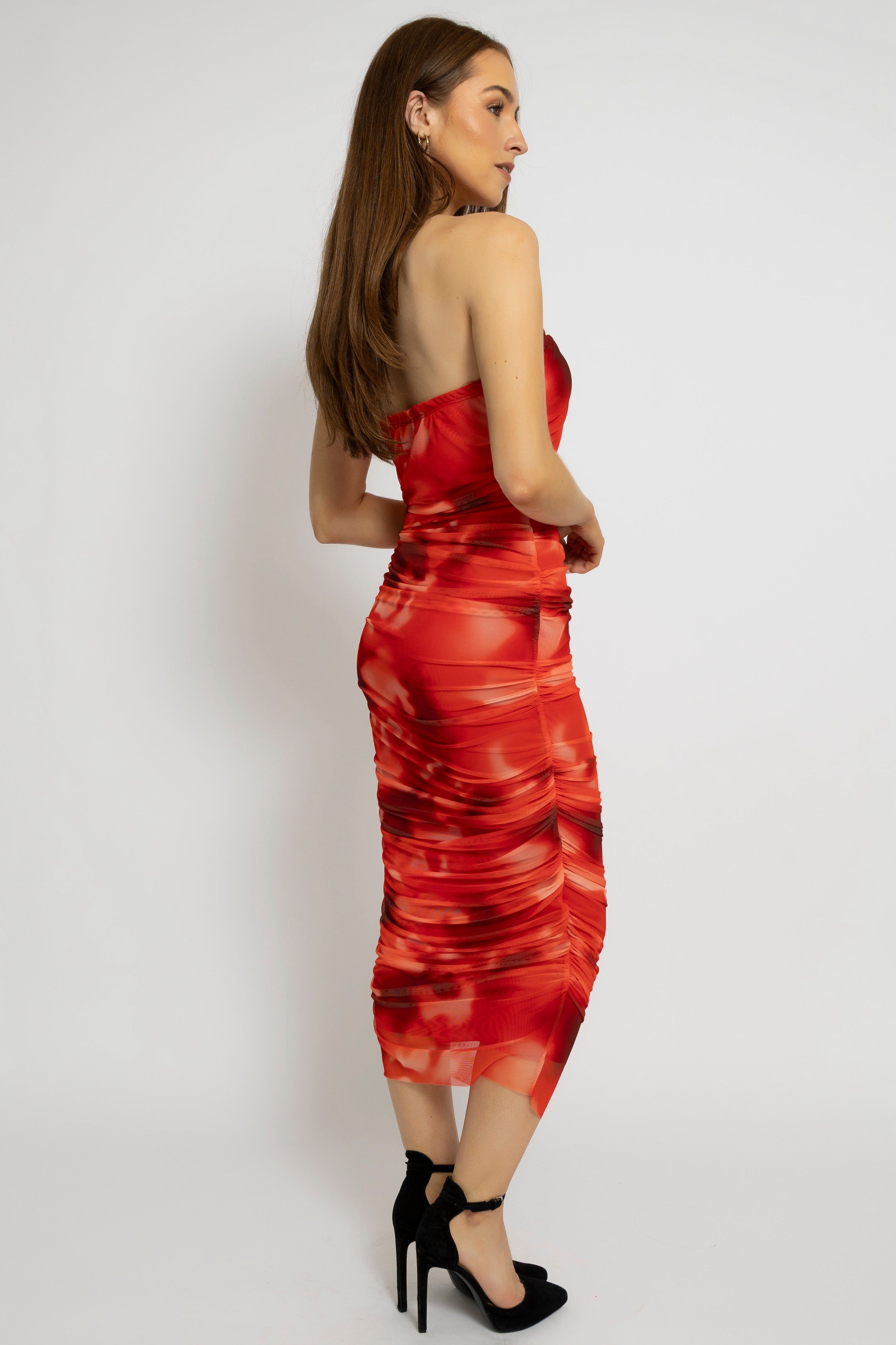 Cutie London Abstract Print Ruched Strapless Midi Dress