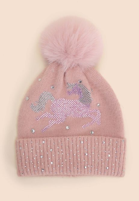Younger Girls Pink Diamante Unicorn Bobble Hat