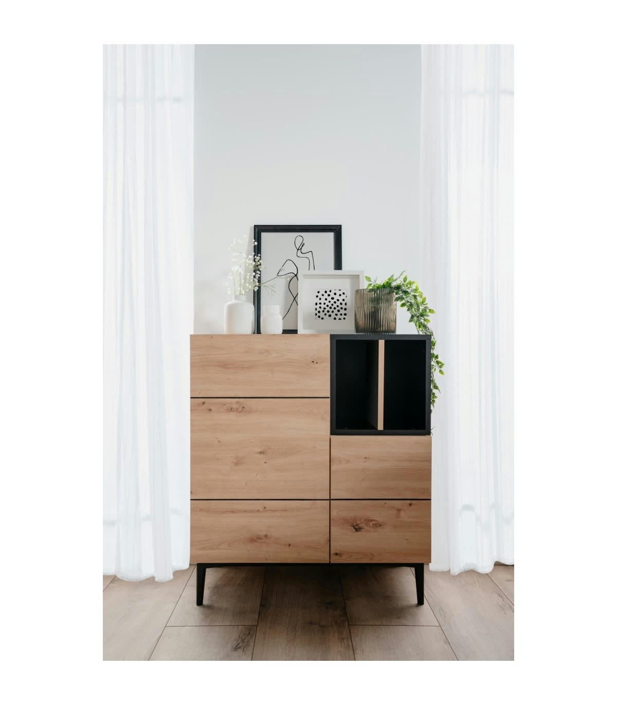 NOLA - Buffet Haut 2 Portes 2 Niches L80 cm - Décor bois