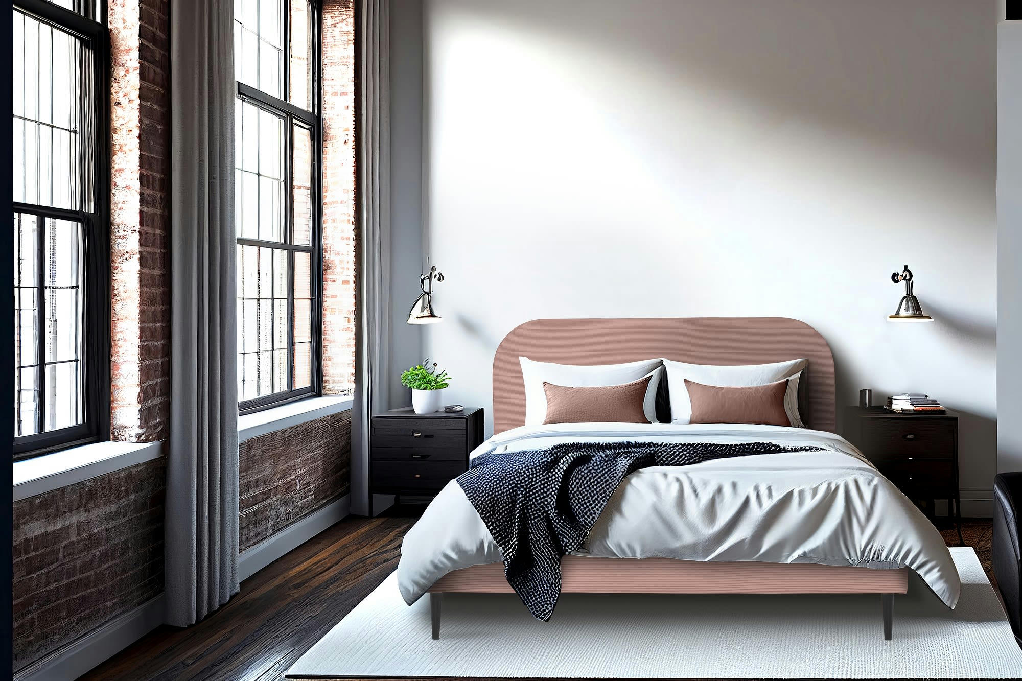 TIM - Lit avec matelas 2 places  en velours côtelé rose blush 160x200