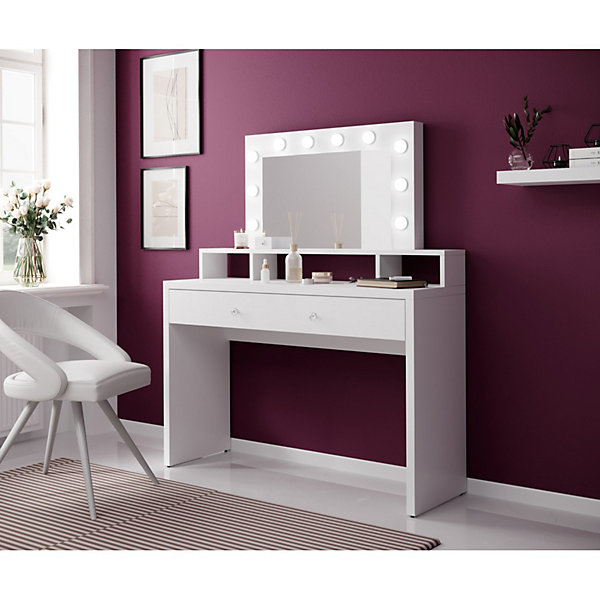 Coiffeuse SENSA blancheAvec miroir, tiroir, étagère et LEDDesign épuré et fonctionnel