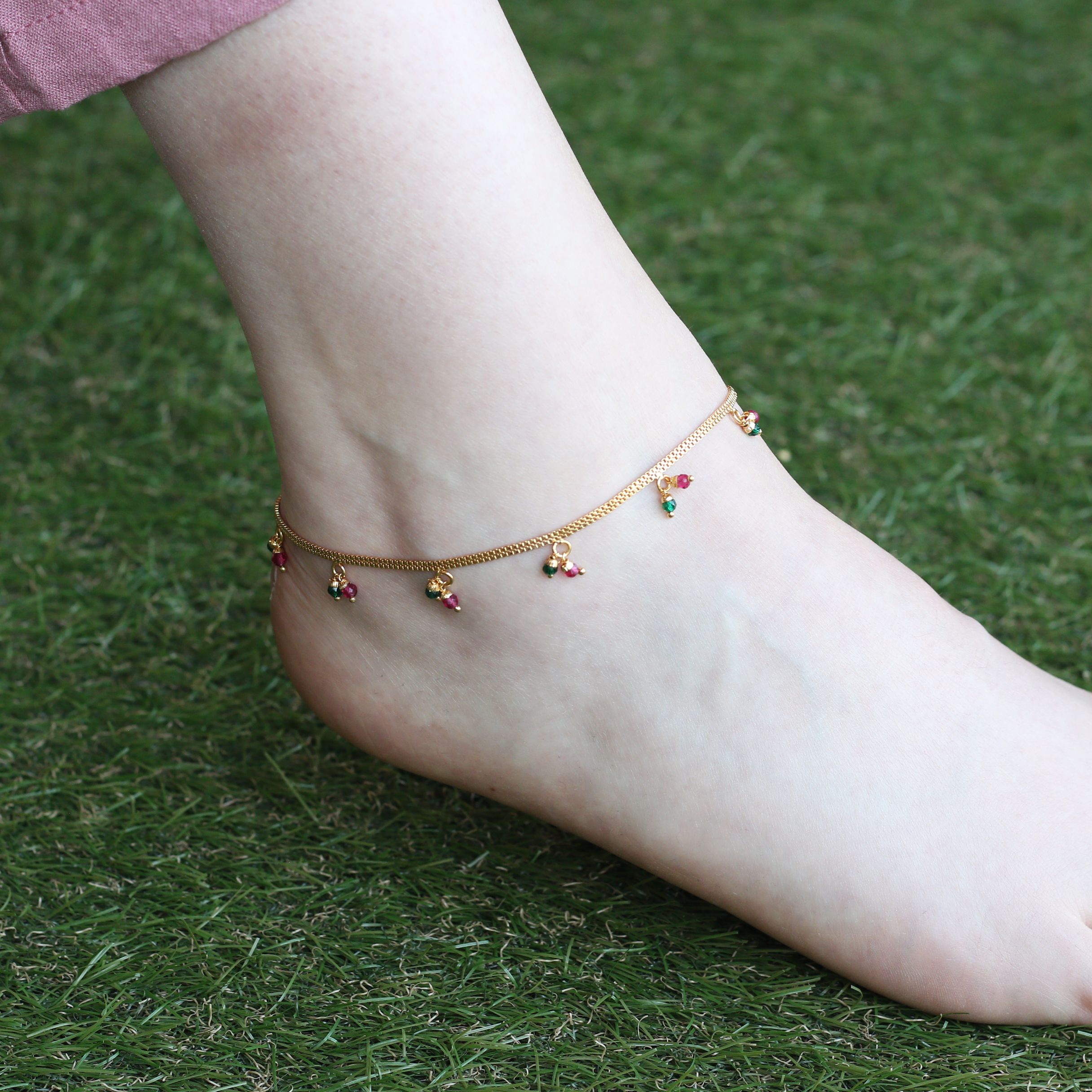 The Colourful Aura Golden Brass Rounds Red Green Beads Indian Payal Anklet