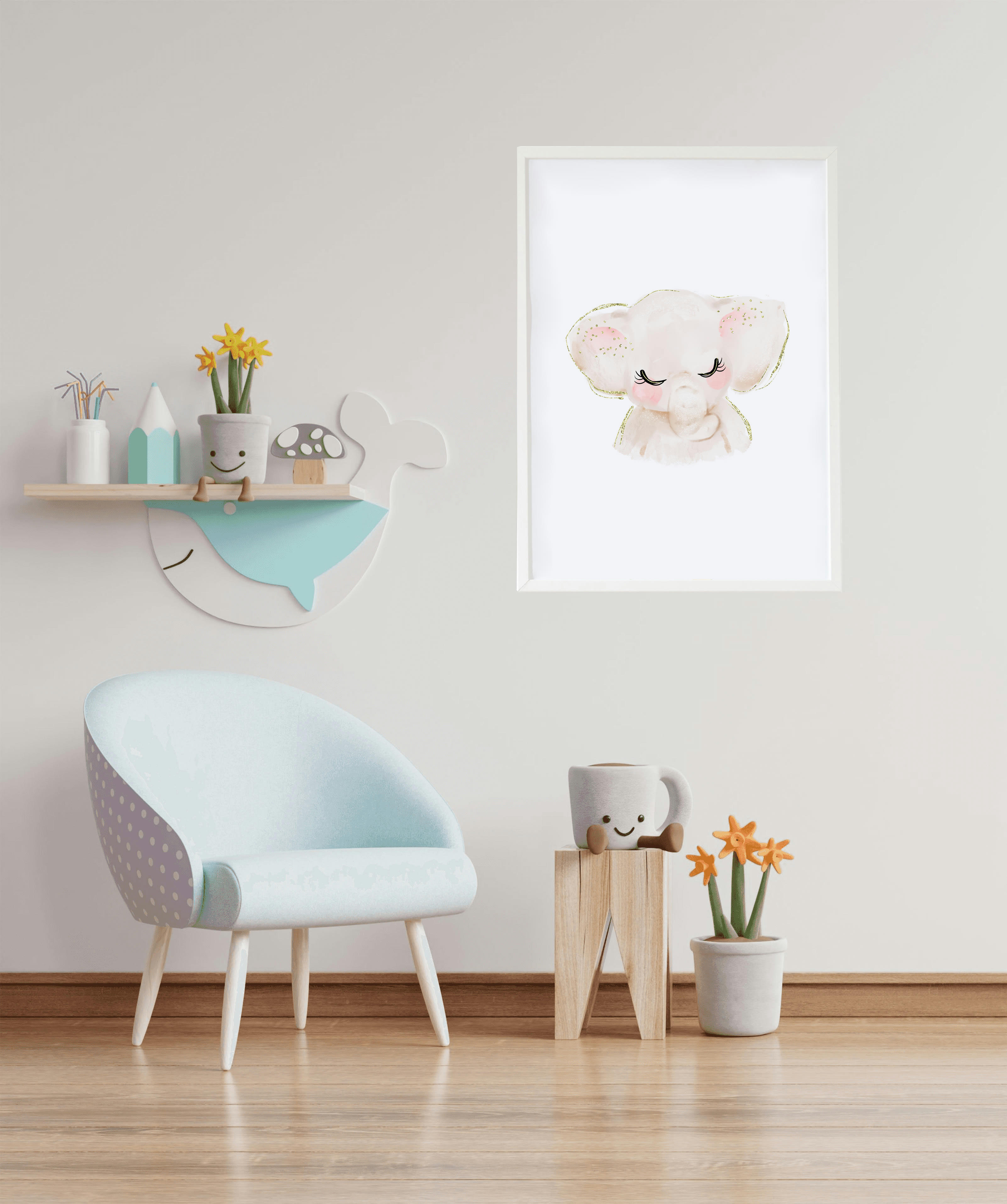 DECOWALL - Impression de éléphant encadrée en bois blanc 43X33 cm