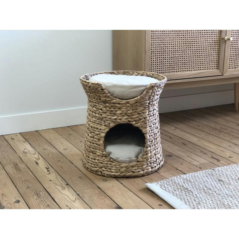 CRONOS - Panier rond pour chat en jonc de mer coussins écru