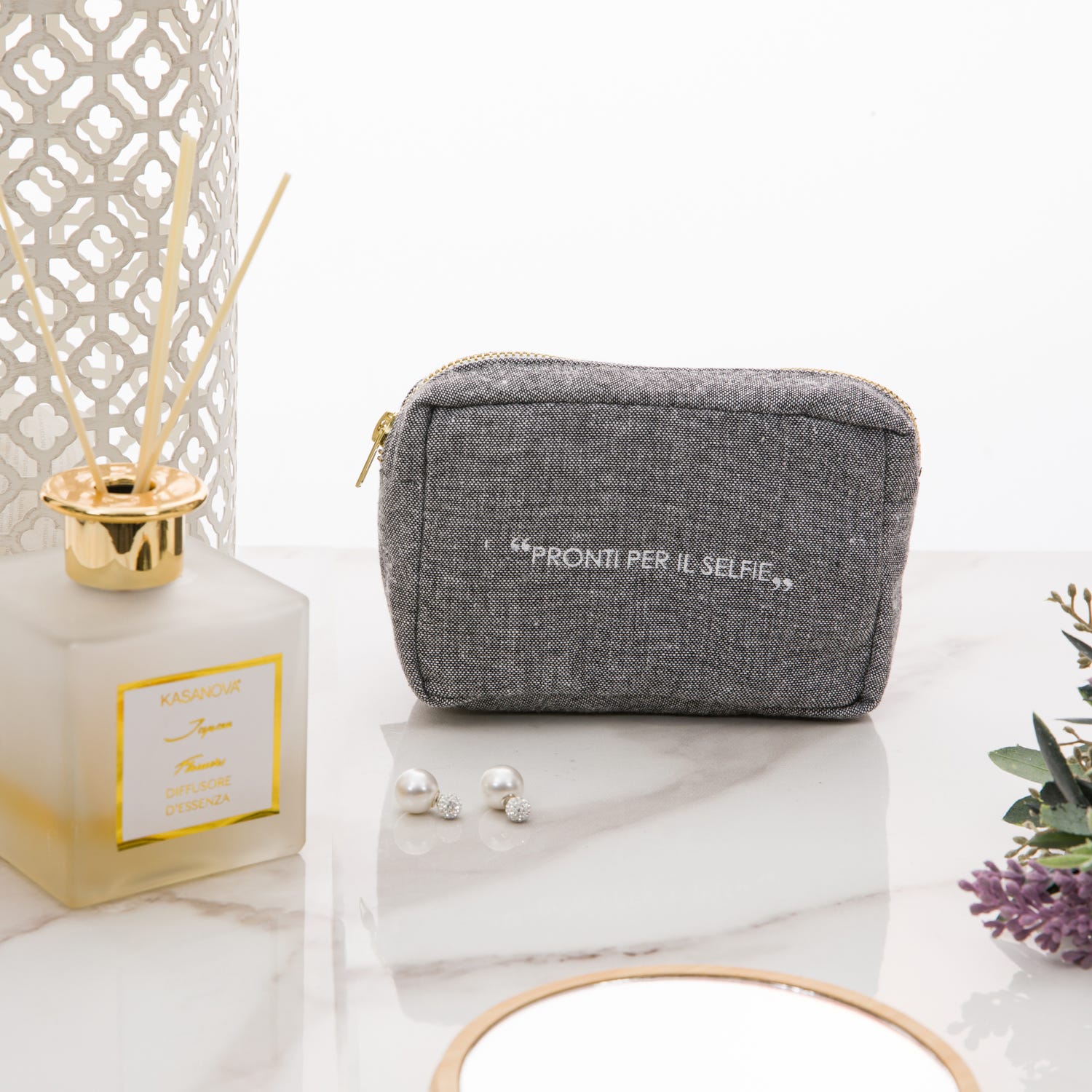 Pochette trucchi 15x10 cm antracite scritta