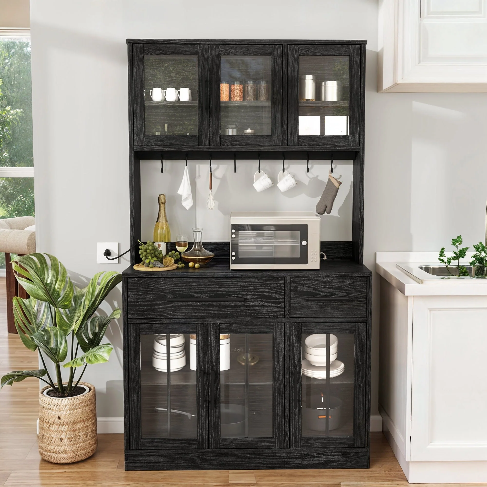 71 Tall Kitchen Pantry Hutch Storage Cabinet with Power Outlet,Freestanding Cupboard Storage Buffet with Drawers & Glass Doors