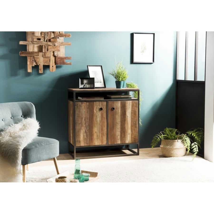 ALIDA - Buffet 2 portes en teck recyclé acacia mahogany métal noir