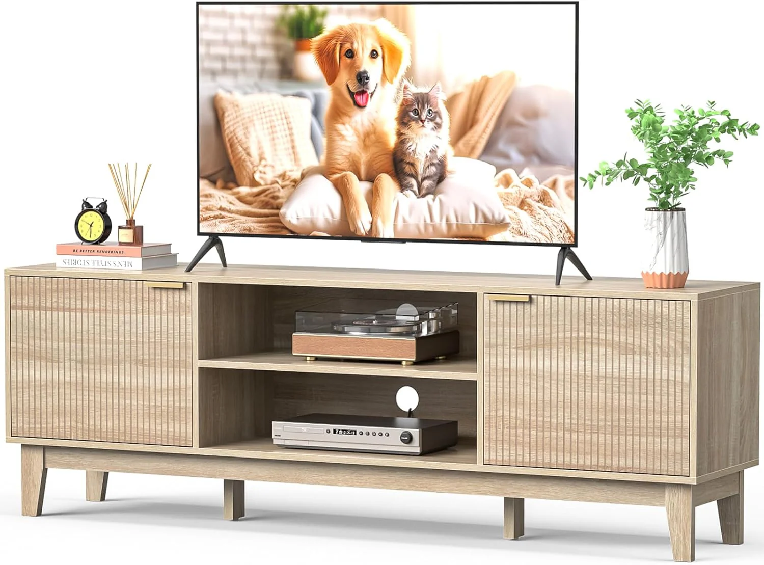 70 TV Stand for Living Room, Fluted Mid-Century Modern TV Console for TVs up to 80 inch, Farmhouse Entertainment Center with 2 Storage, Media Console Table for Living Room, Oak