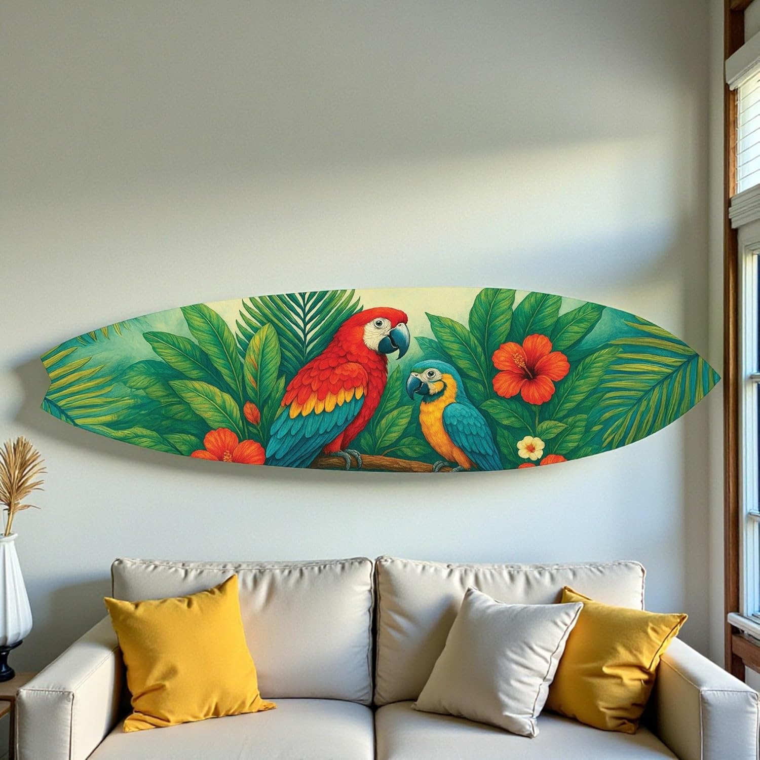 JennyGems Tropical Parrot Surfboard Decor, Indoor Outdoor Beach House and Tiki Bar Decoration with Hibiscus Flowers and Palm Leaves (3 Feet)