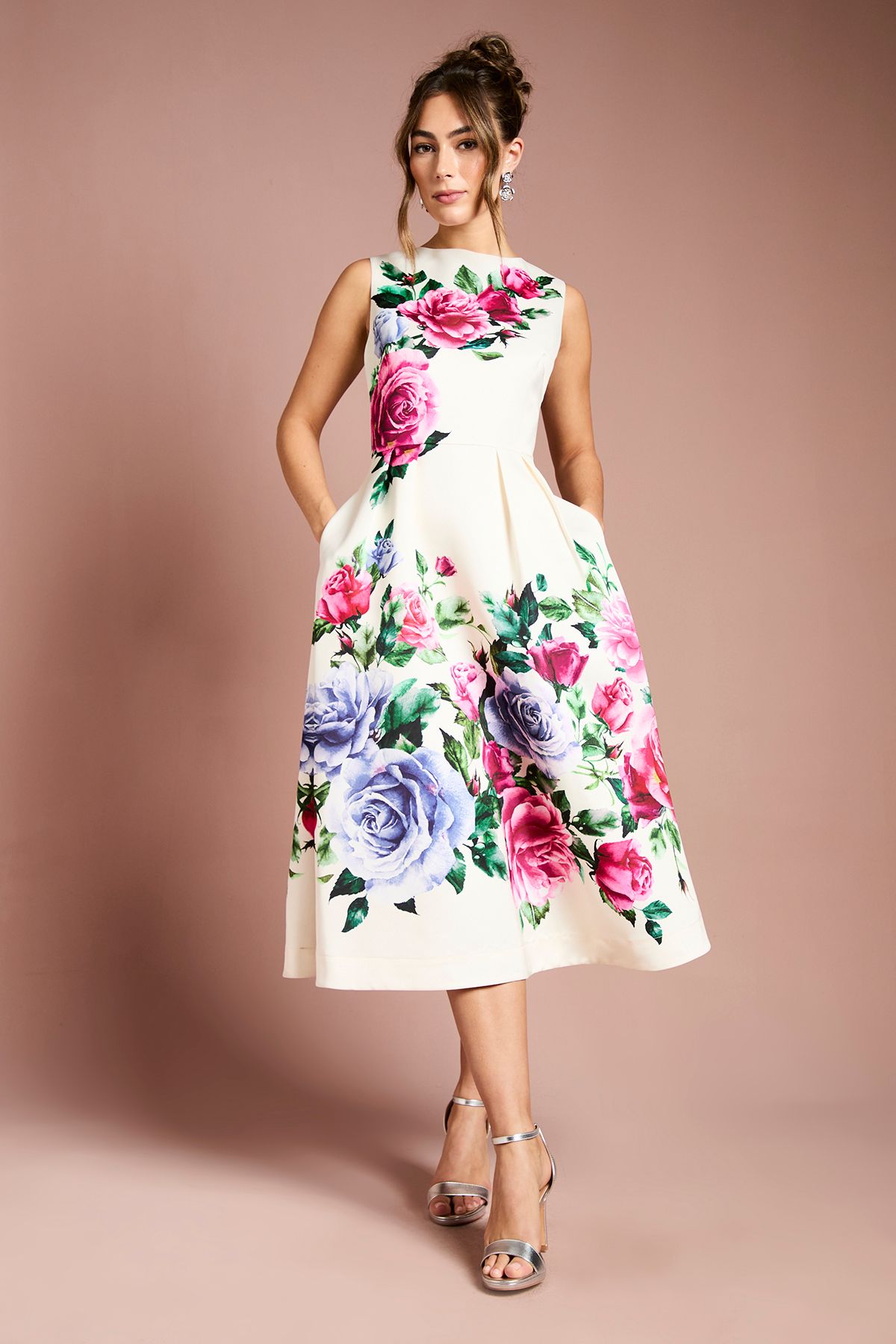 Coast Pocket Structured Satin Placement Print Midi Dress