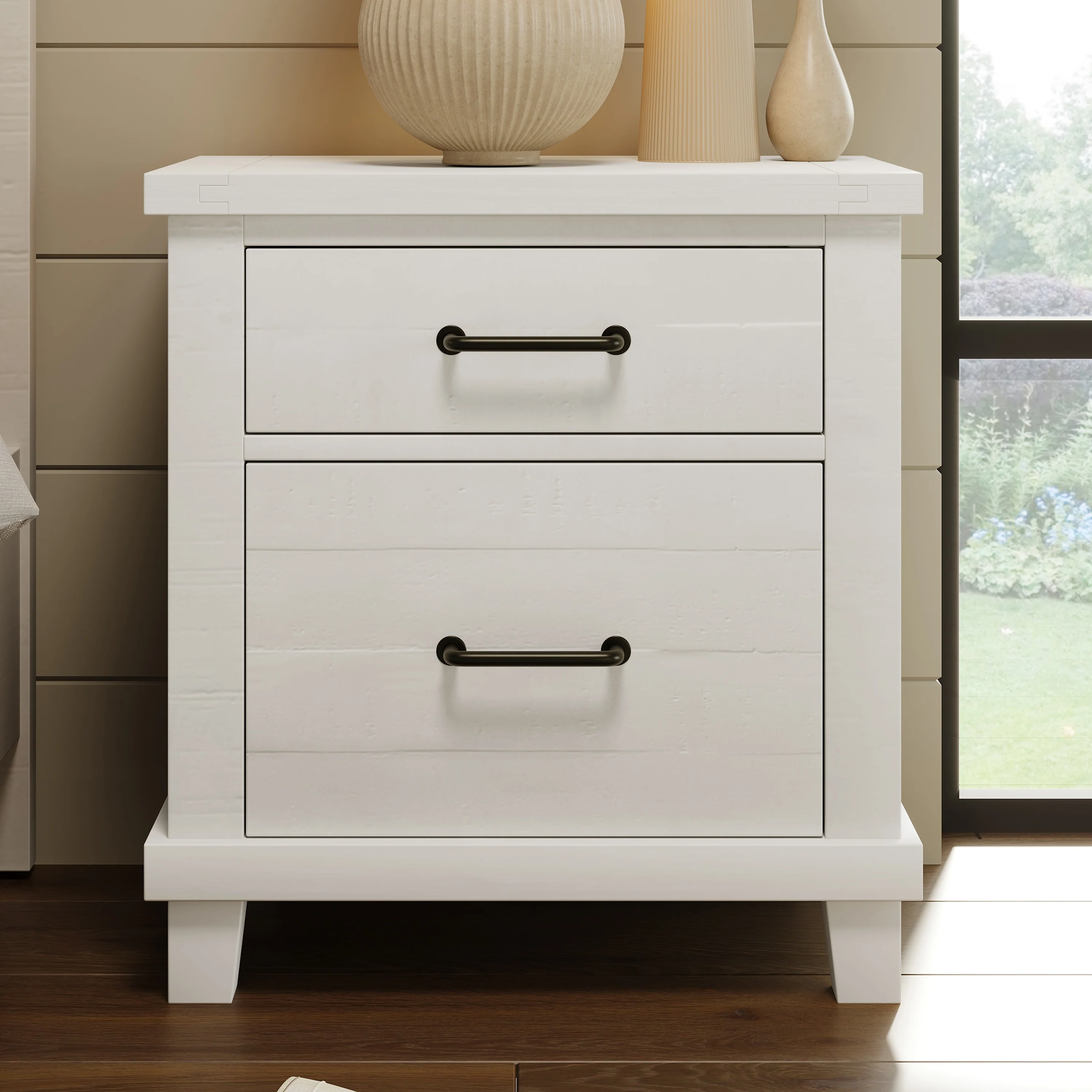 Rustic Farmhouse Style Solid Pine Wood Whitewash Two-Drawer Nightstand