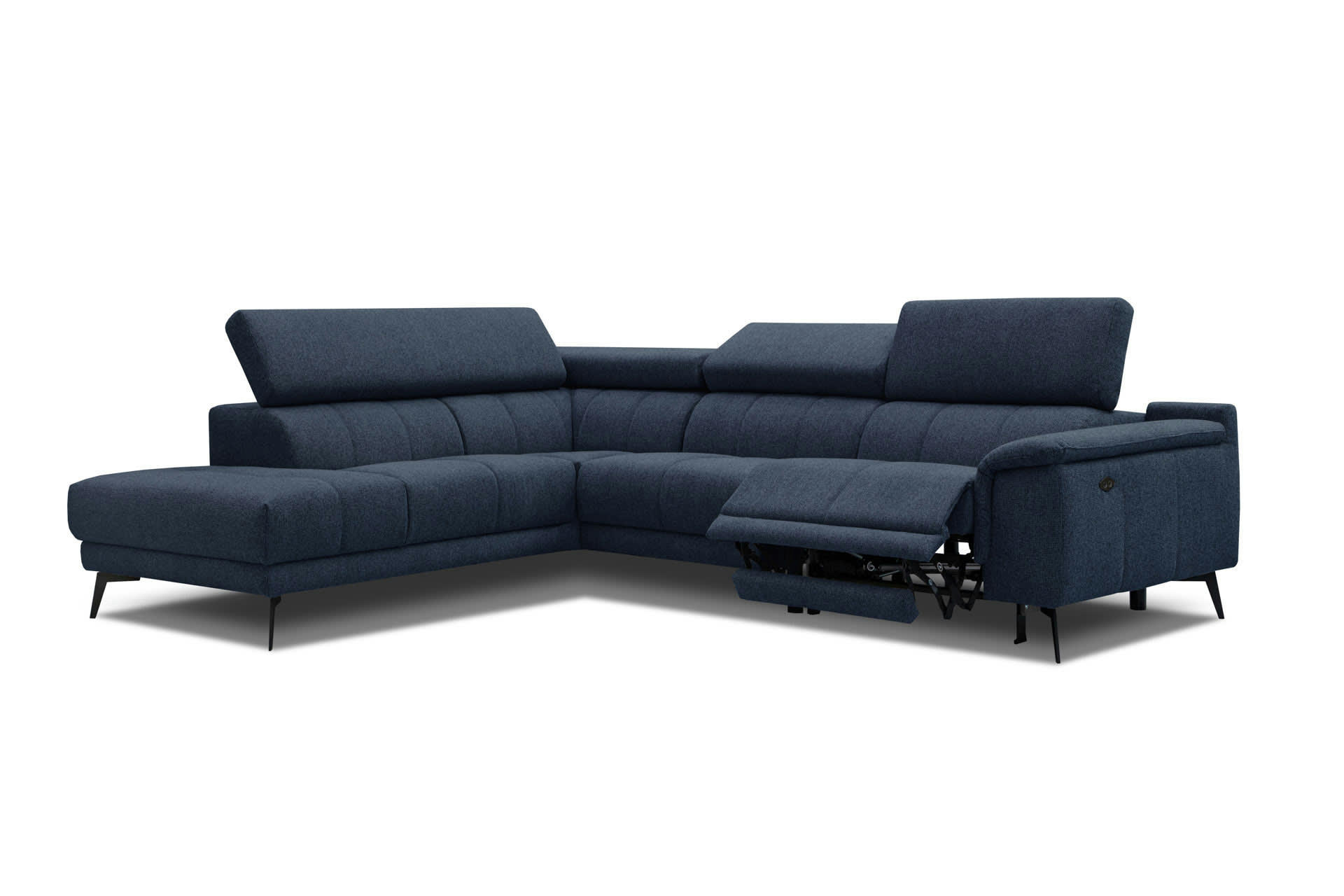 FIERO - Canapé d'angle gauche 5 places relax électrique tissu bleu foncé