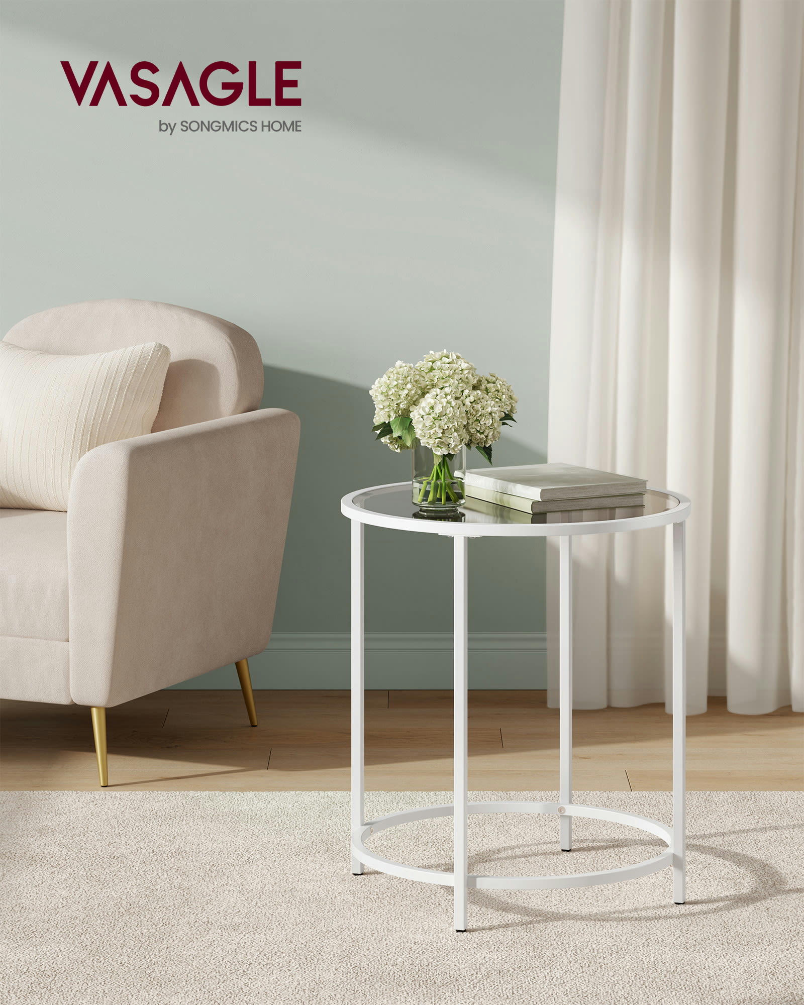 - Table d’appoint ronde cadre en métal blanc perle et gris ardoise