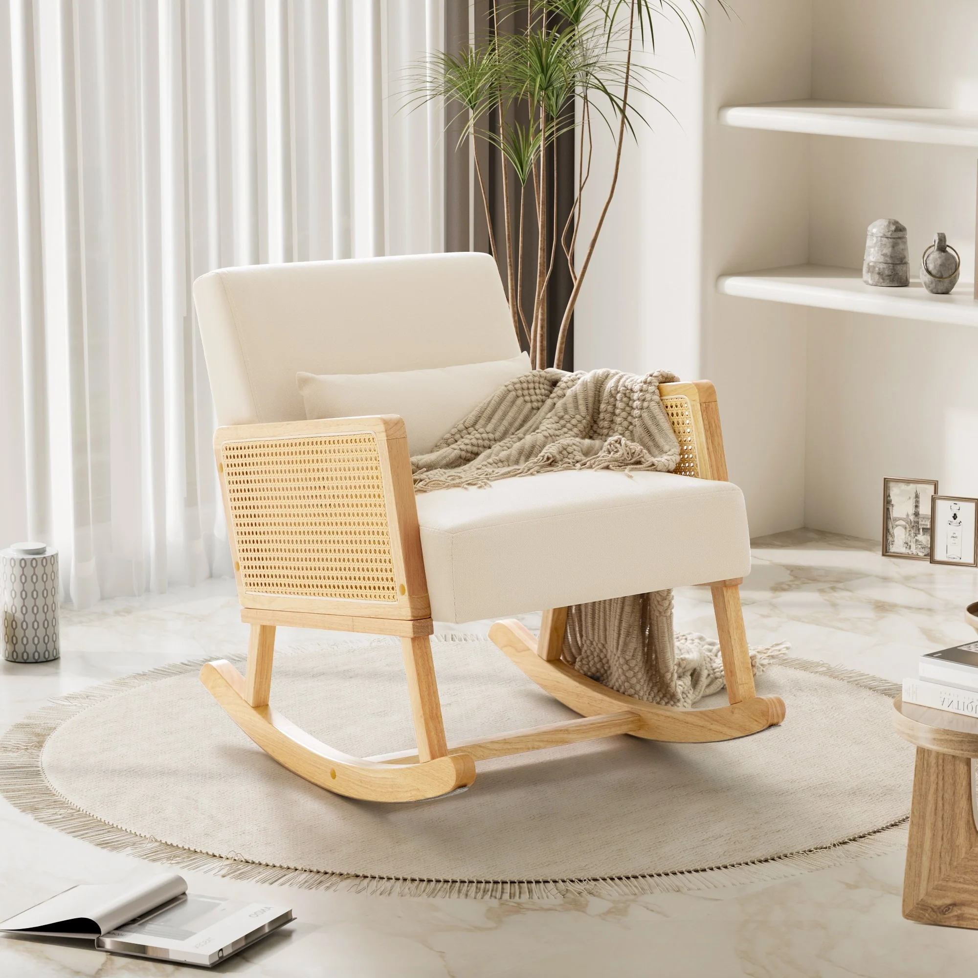 Furniwell Upholstered Living Room Accent Chair with Pillow, Single Sofa with Rattan Wooden Armrests