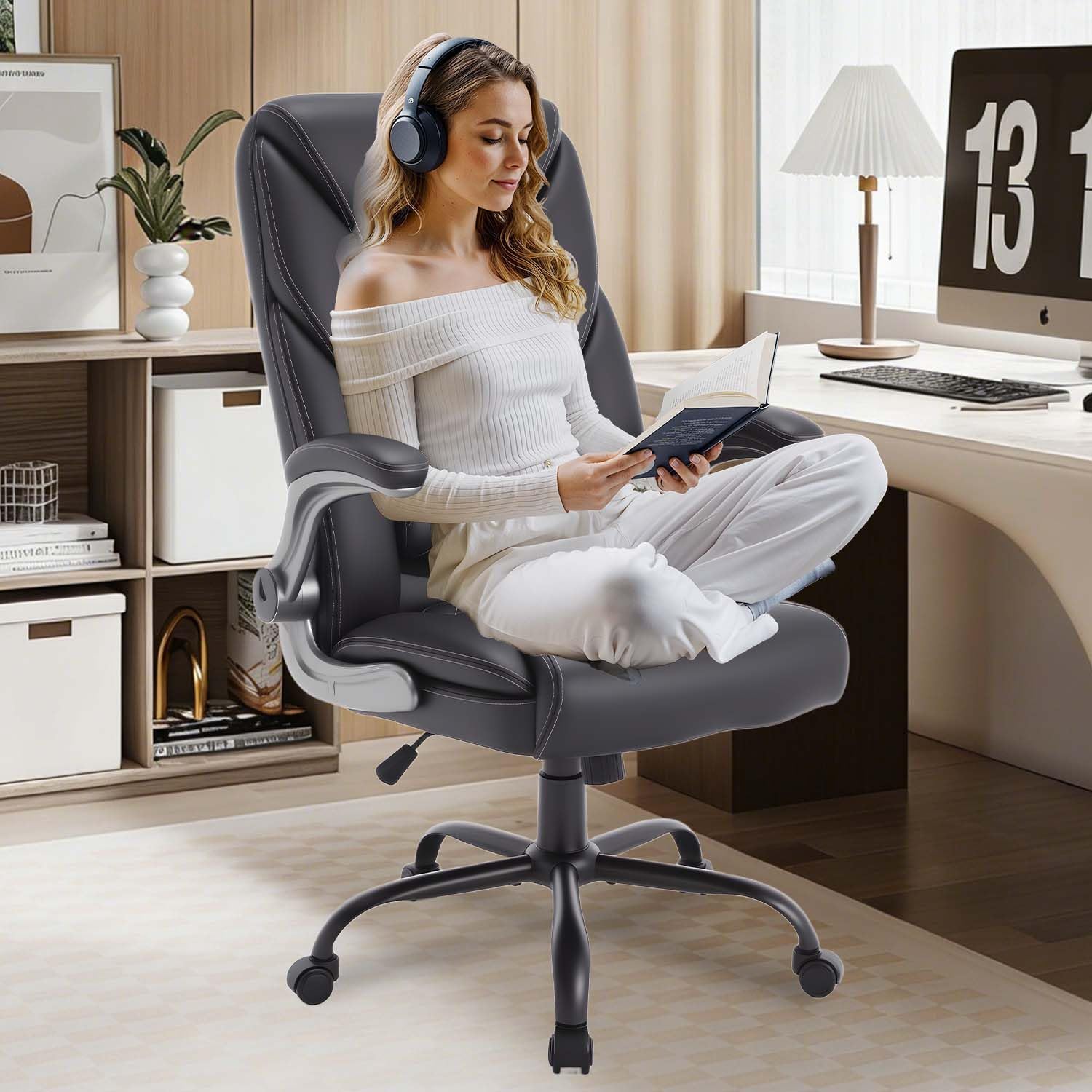 Ergonomic Executive Office Chairs with Lumbar Support Wheels PU Leather Padded Home Desk Chairs with Adjustable Flip Arms, Black
