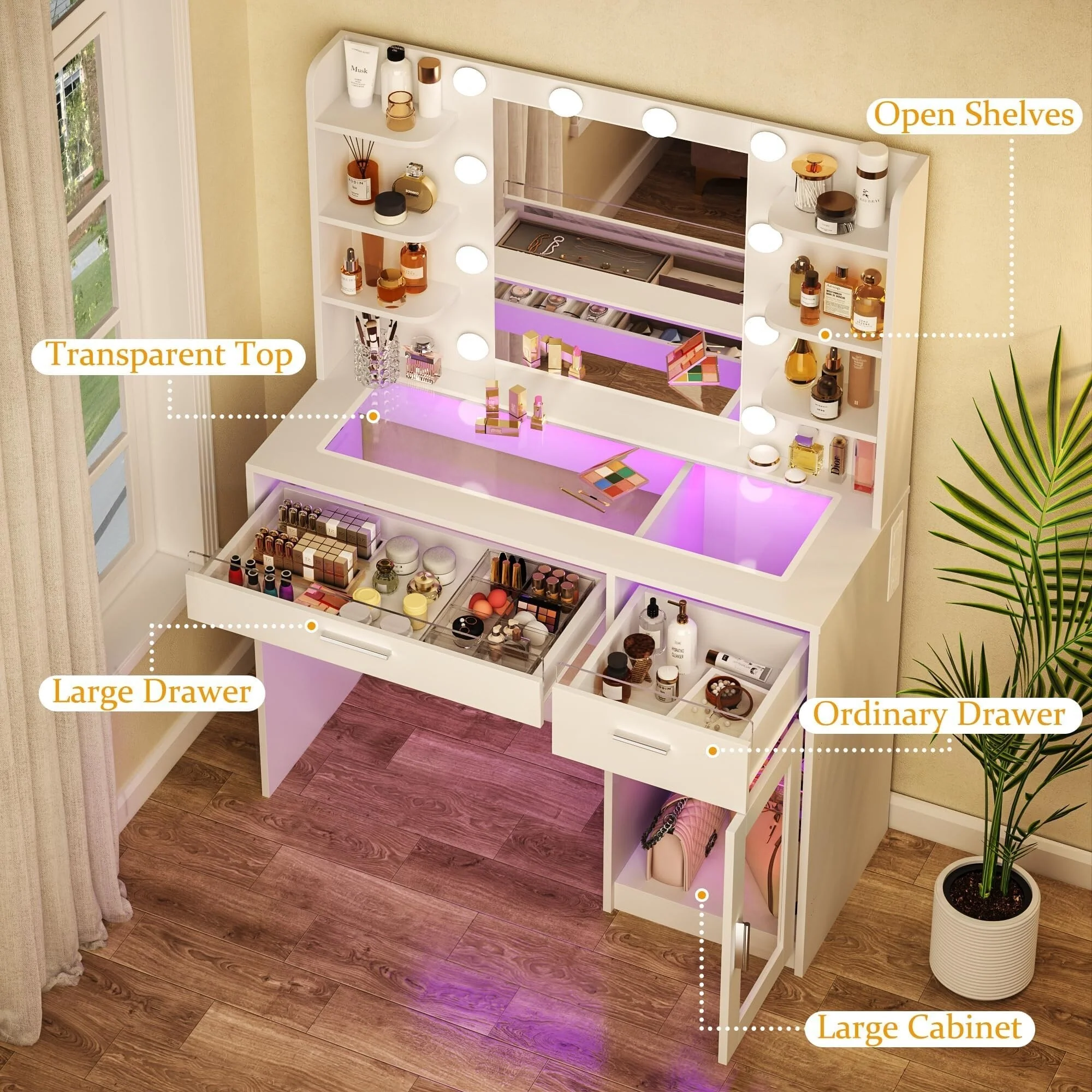 White LED Vanity Desk with Mirror 3 Color Lights 2 RGB Drawers 6 Shelves Tempered Glass Power Outlet