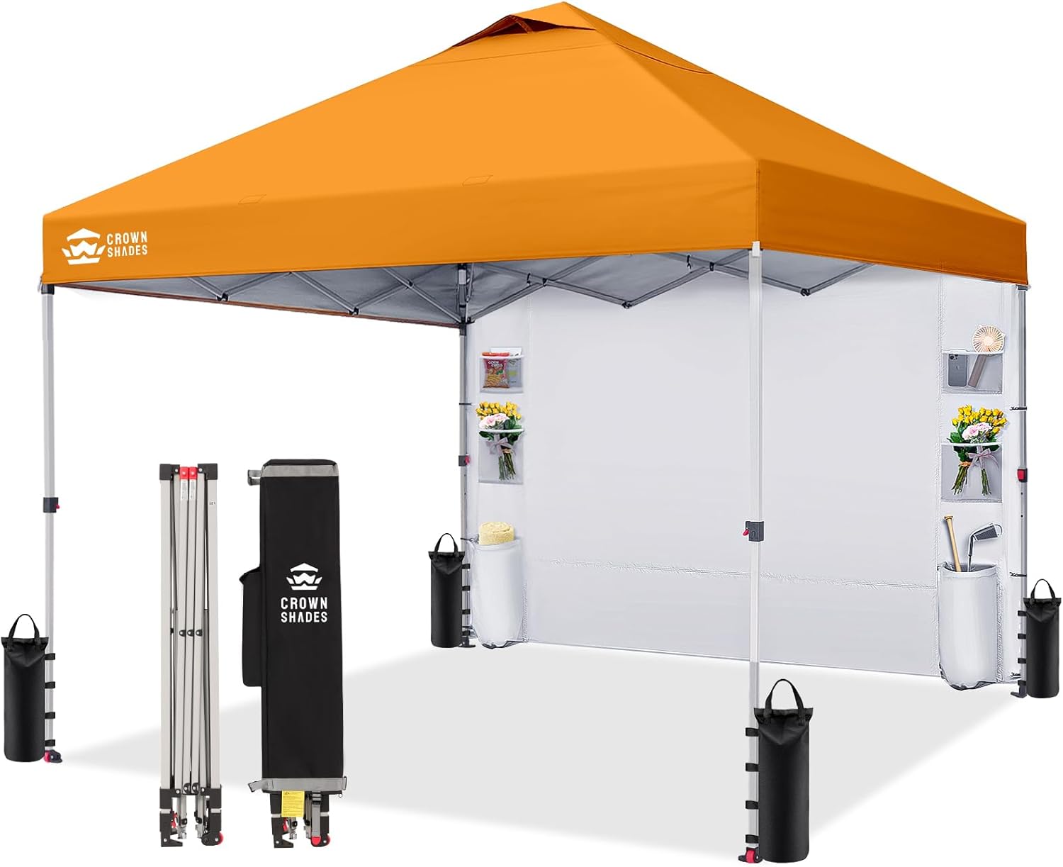 CROWN SHADES Canopy Tent, 10 x 10 Foot Portable Pop Up Outdoor Shelter with Pocket Sidewall, Push Center Lock, UV Protection, and Carry Bag, Orange