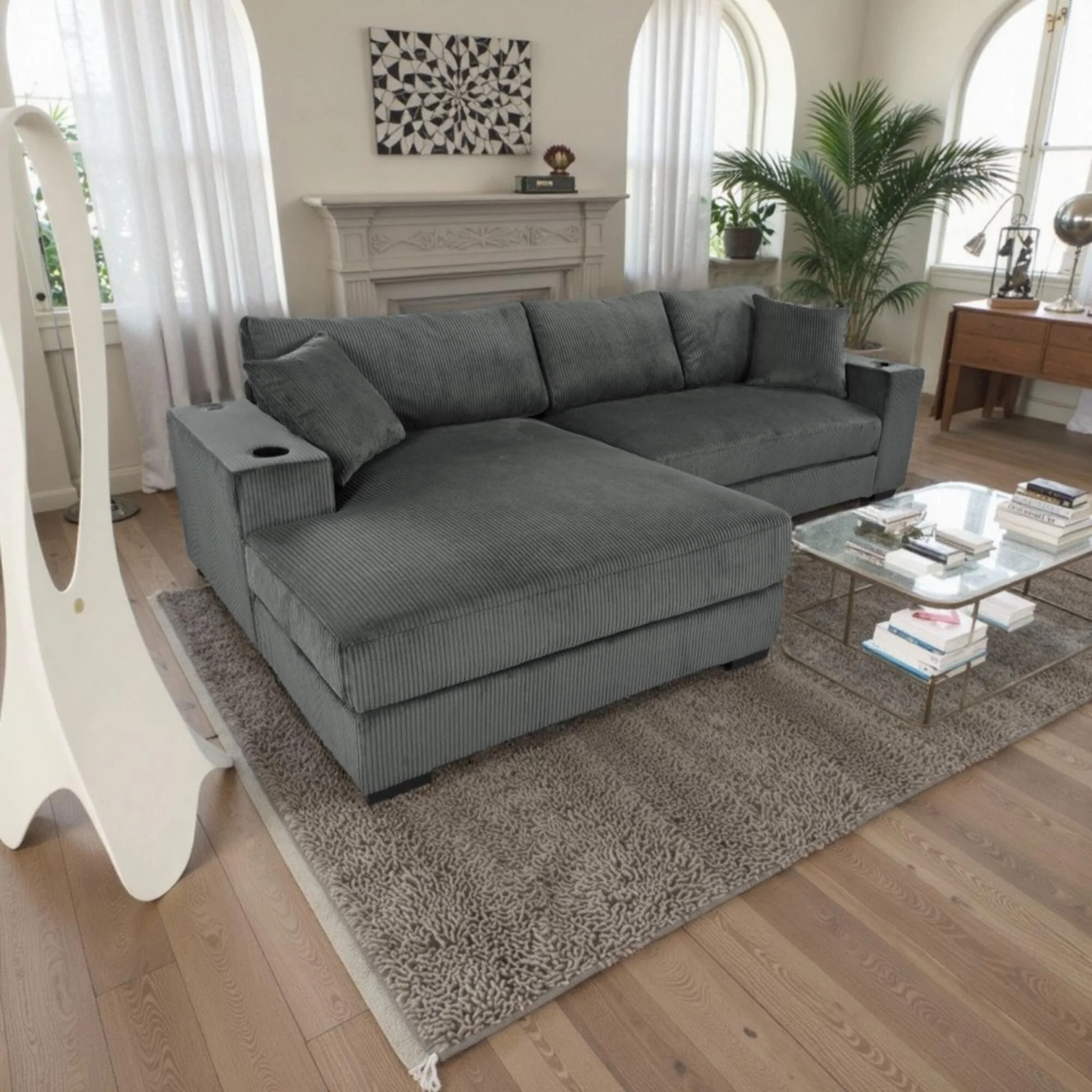 Luxurious Large Sectional Sofa with Thick Cushions, Lounge, Built-in Cup Holders & Charging Ports
