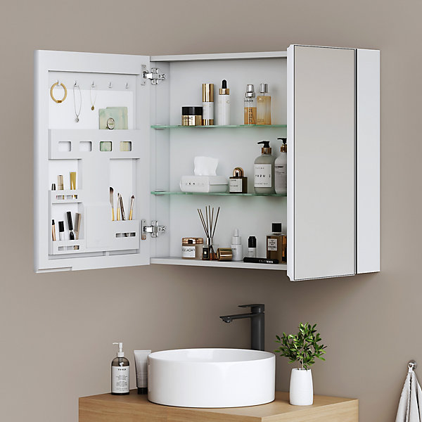 EMKE Armoire de toilette 2 portes 65x80 cm blanche, miroir avec rangement intégré, tablettes en verre réglables
