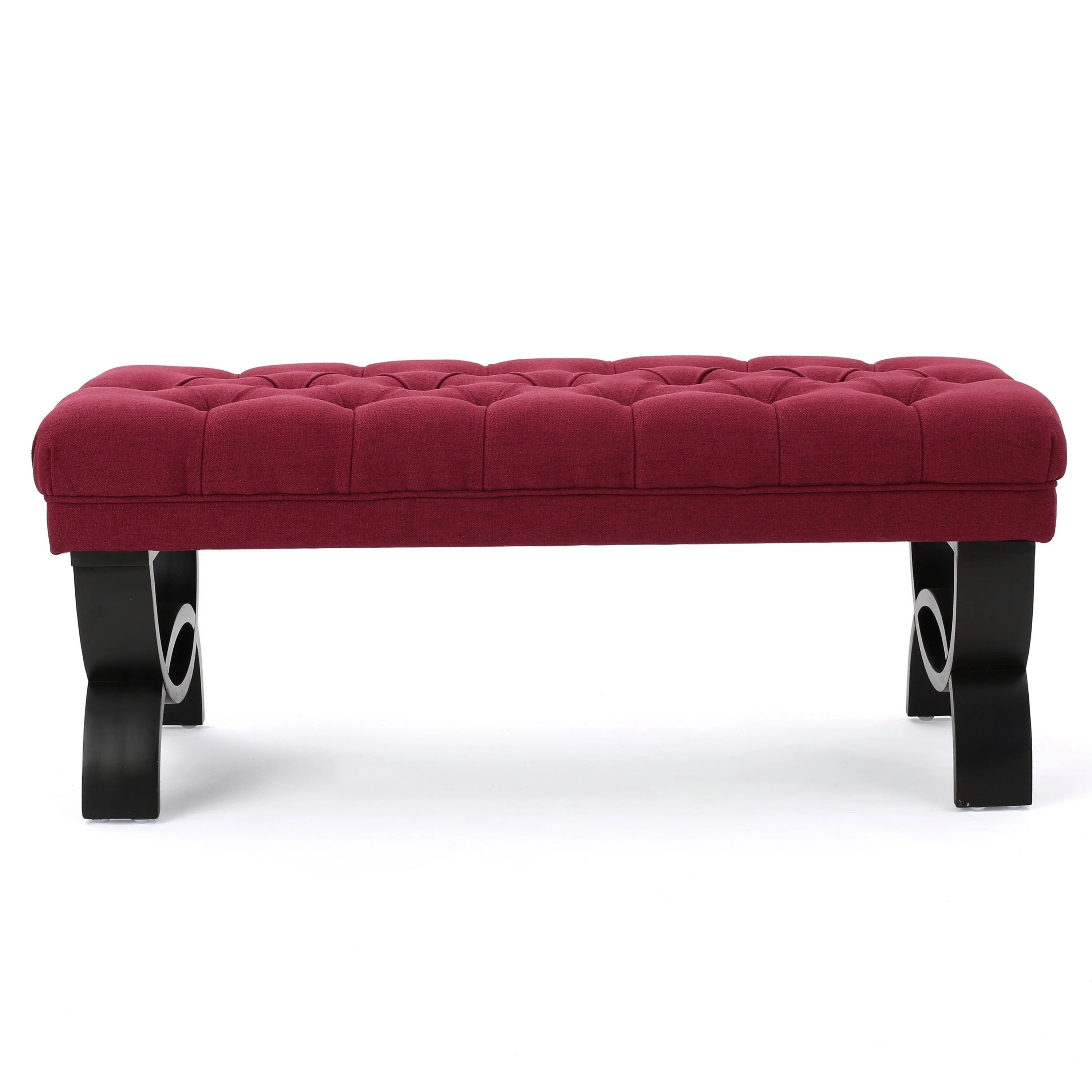 Riam Ottoman Bench, 41 Inch, Button Tufted, Rounded Wood Legs, Red