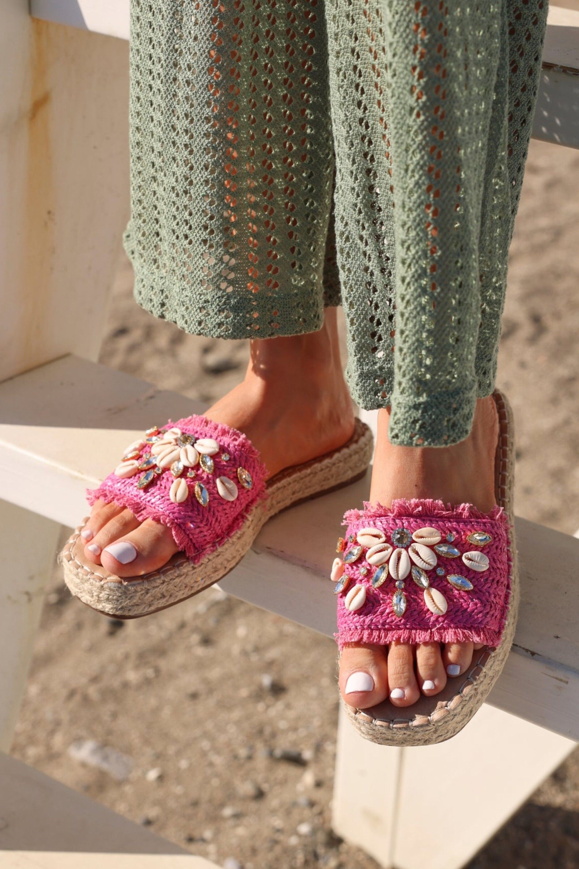 Linzi Seaside Fuchsia Raffia Embellished Sliders