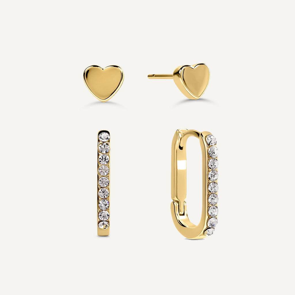 Alba Place - Gold Stone Set Huggie Hoops & Heart Stud Twinpack