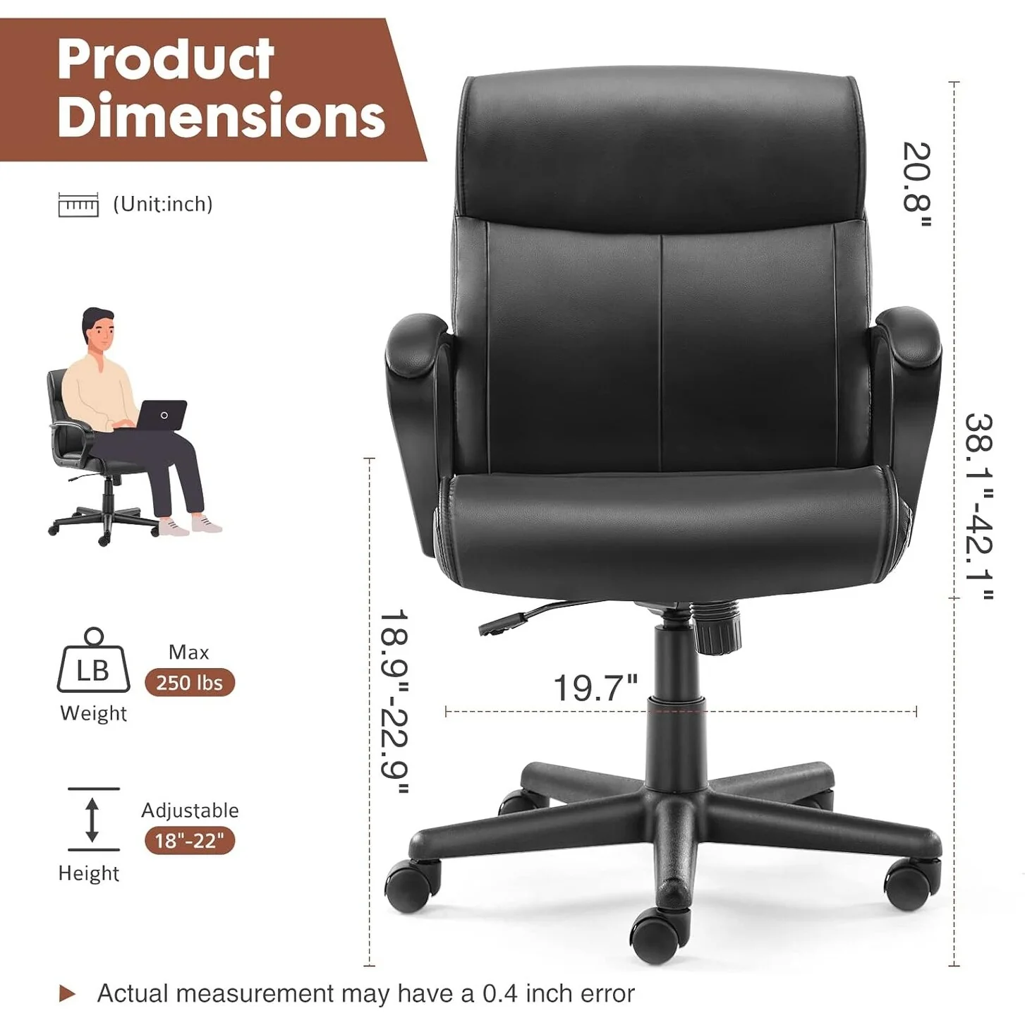 Executive Office Chair with Padded Armrests Mid Back Lumbar Support and Adjustable Height Tilt Angle, PU Leather Swivel Rolling