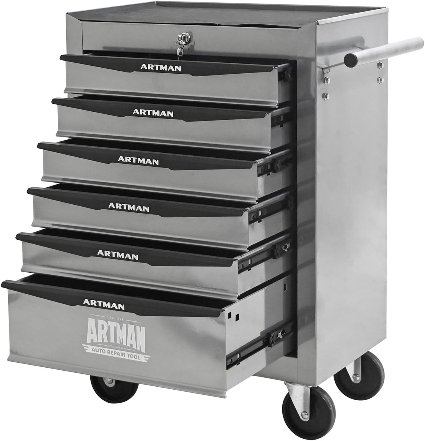 Iron-Top Rolling Tool Chest with Lockable Wheels and Side Handles, 7-Drawer Tool Storage Cabinet with Ball Bearing for Garage, Repair Shop, Required Assembly, Large Storage Capacity (Iron, 6-Gray)