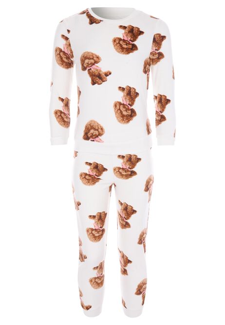 Girls Cream & Pink Dog with Bow Fleece Pyjama Set