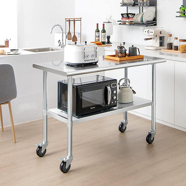 Desserte de Cuisine Table de Travail à Roulettesen Acier Inoxydable avec étagère Réglable