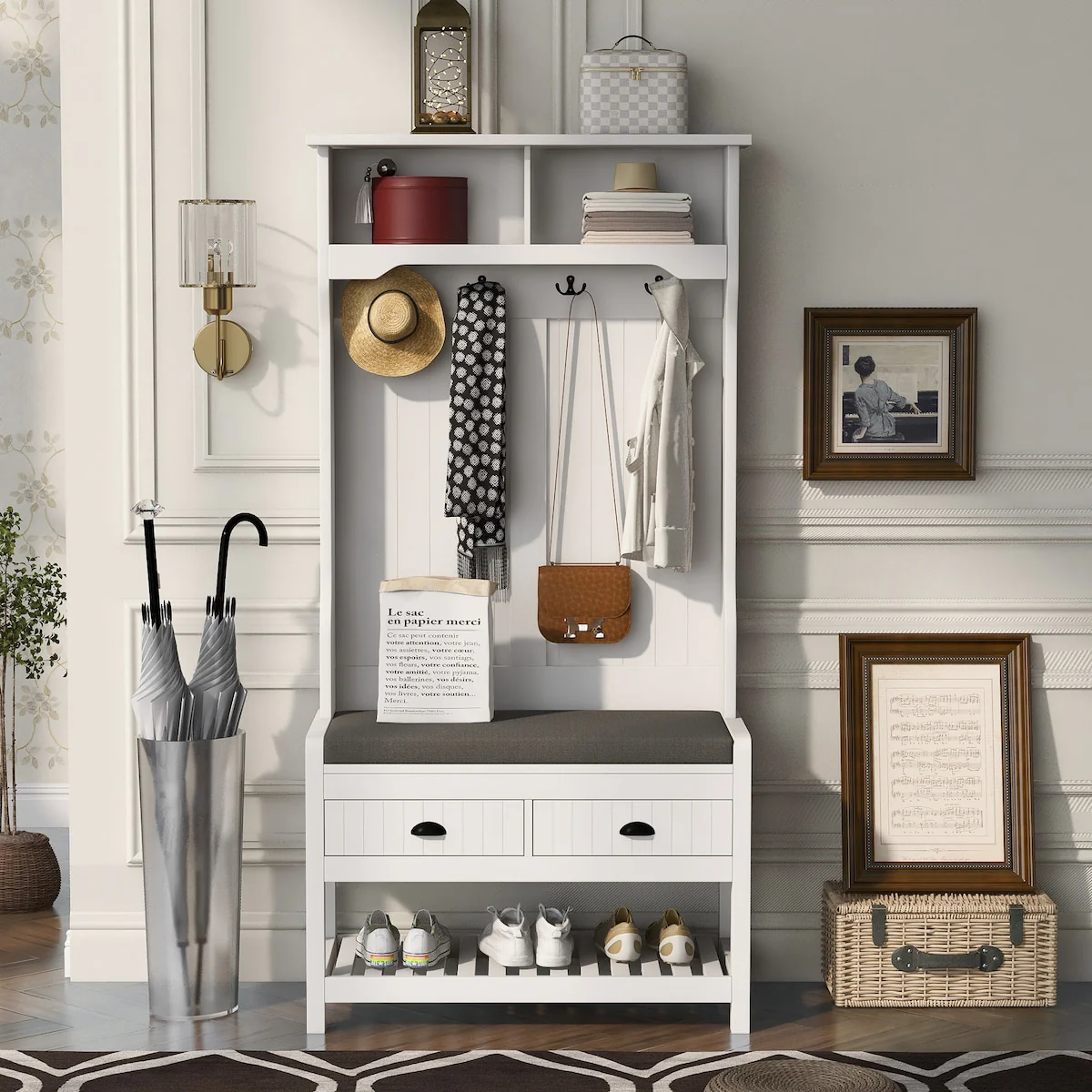 Hall Tree with 4 Hooks and Hinged Lid, Coat Hanger, Entryway Bench, Storage Bench, 3-in-1 Design, 69INCH, for Entrance, Hallway