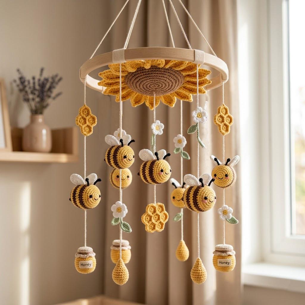 Crochet Bee Baby Mobile, Sunflower Nursery Mobile, Honey Bee Crib Mobile, Daisy Baby Mobile, Handmade Baby Shower Gift Decor