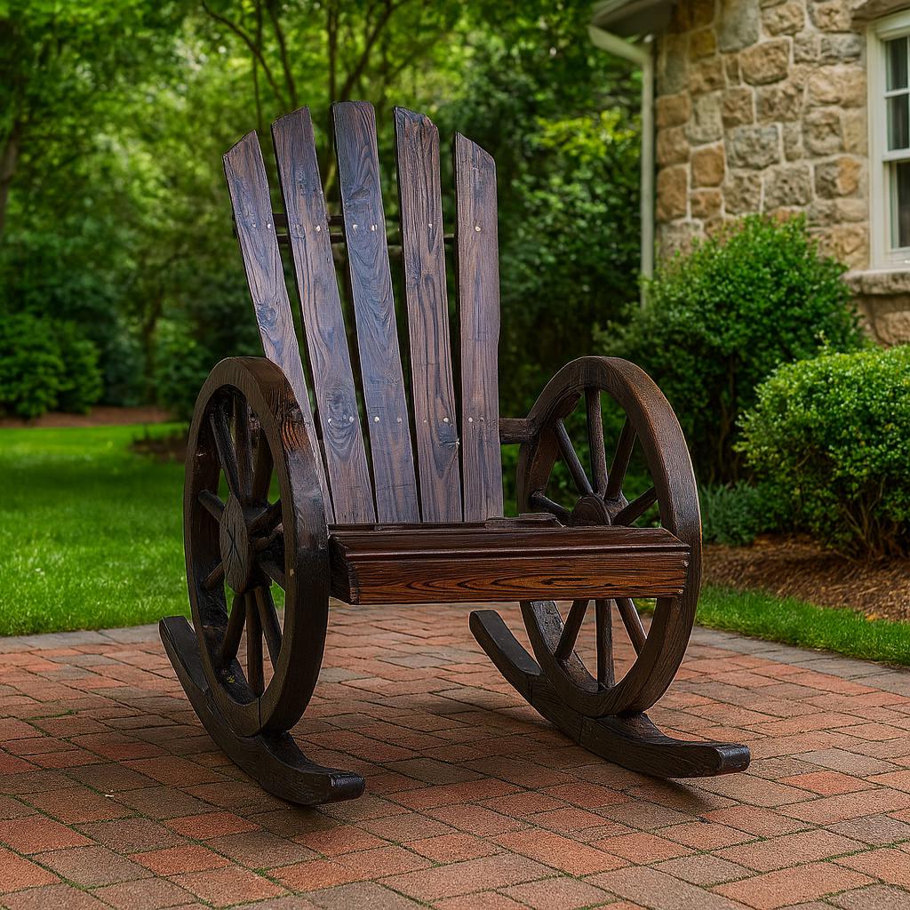 Wooden Adirondack Rocking Chair, Wood Wagon Rocker, Outdoor Wooden Carbonized Lounge Chairs with Wheel