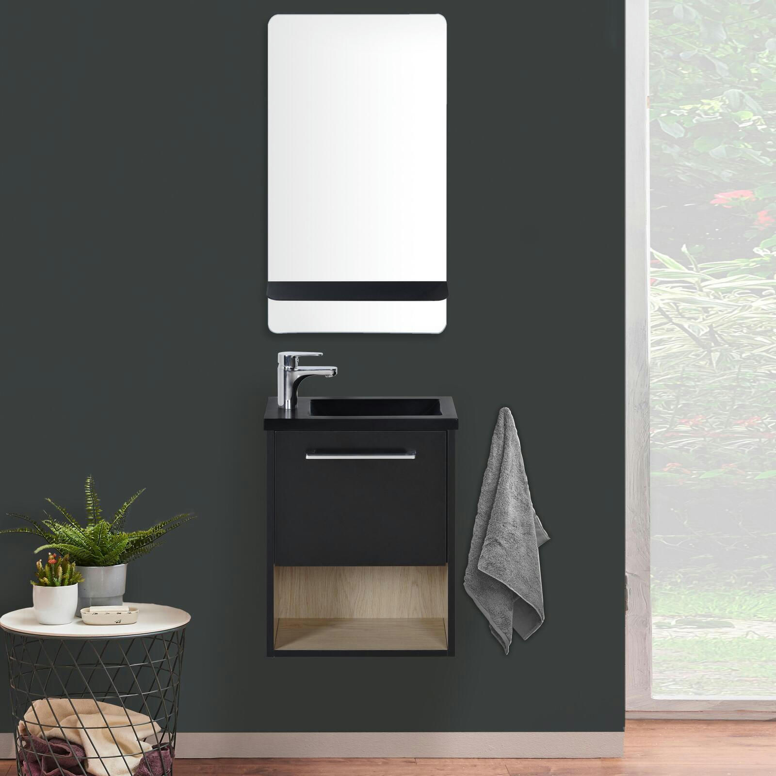 NIKA - Meuble lave-mains  Noir intérieur décor chêne + robinet chromé +miroir