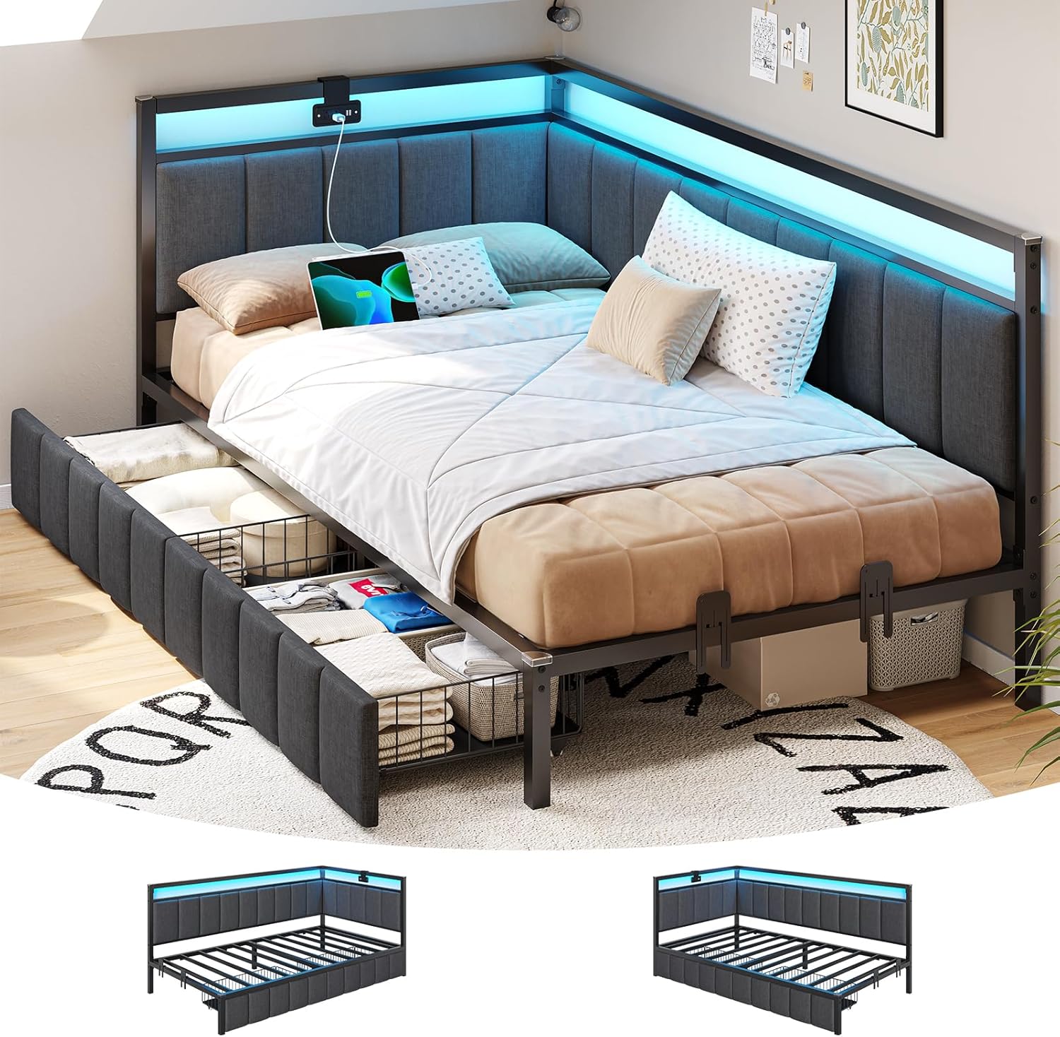 DICTAC Twin Corner Bed Frame with 2 Storage Drawers and Charging Station Twin Bed Frames with Storage and Led Lights Twin Size Daybed for Kids Teen with Upholstered Guardrail,No Box Spring Needed,Gray