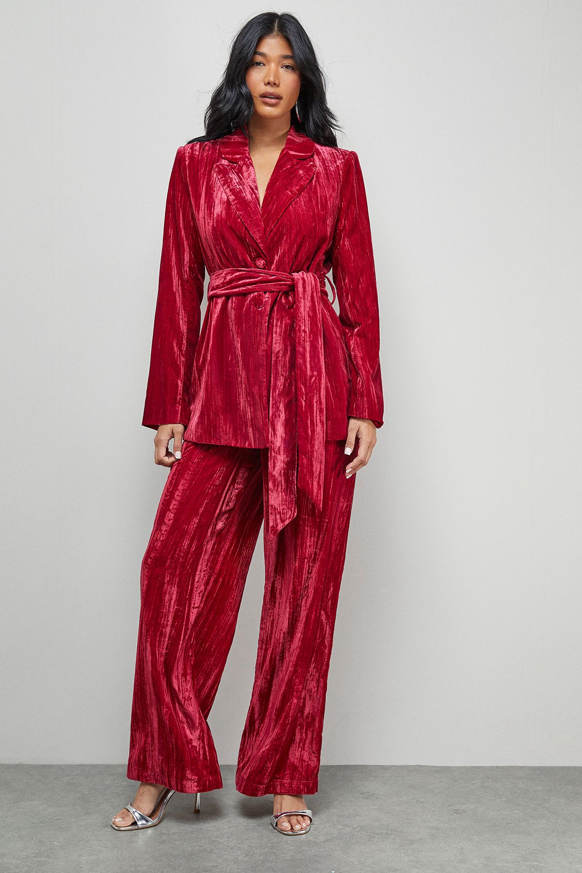 Warehouse Crushed Velvet Tie Waist Blazer Co-ord
