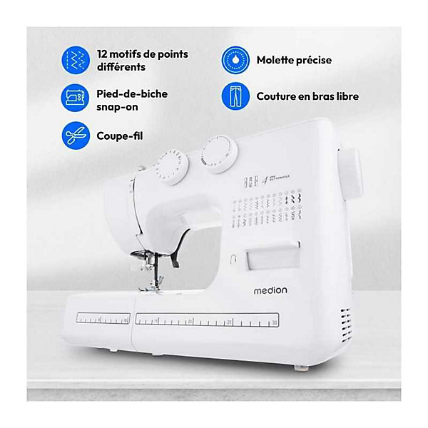 Machine a Coudre - MEDION - SM 60 - 62W - 24 Points   Points Doubles - 700 tr/min - LED - Rose