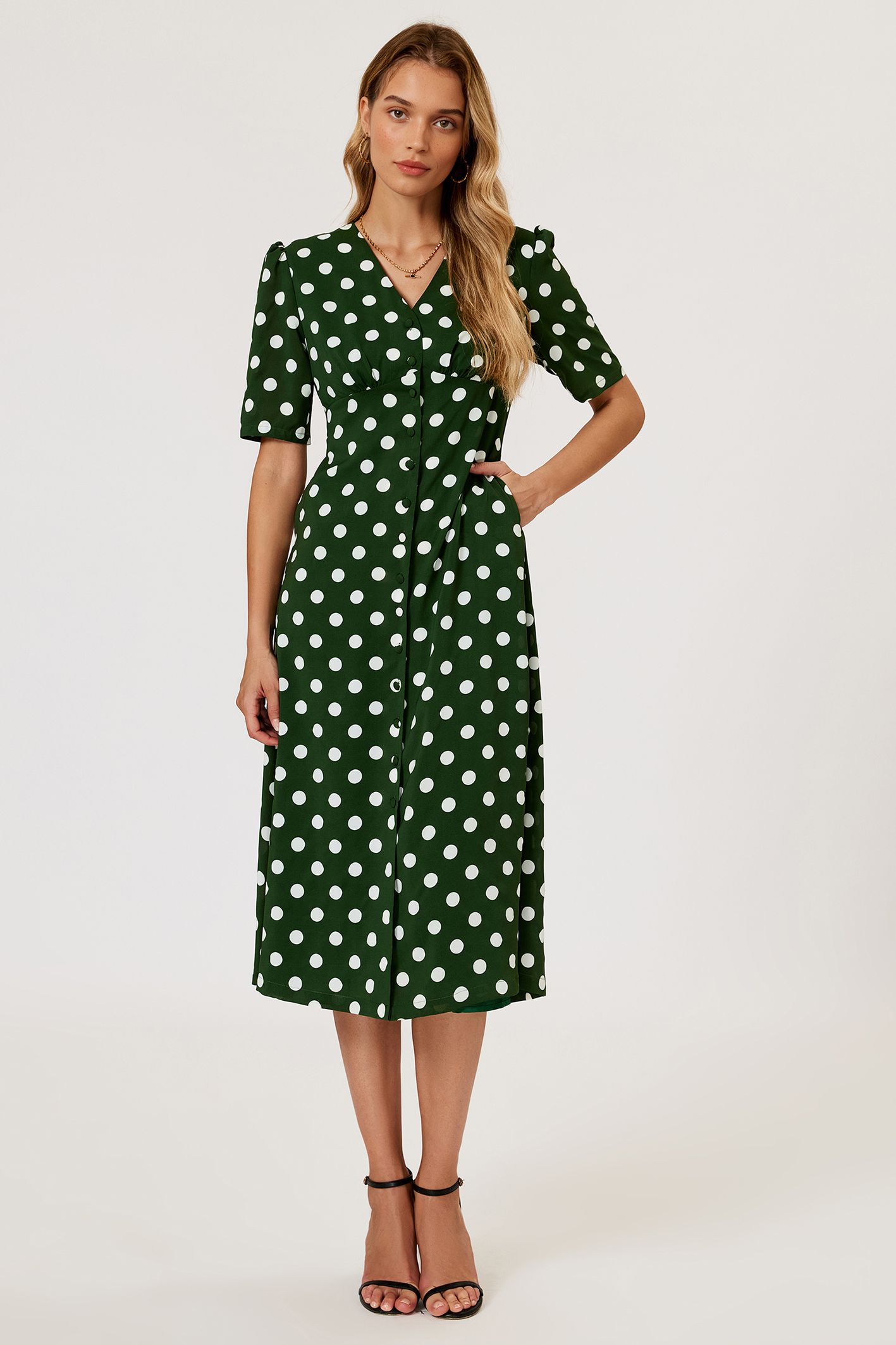 FS Collection Polka Dot Print Button Front Midi Dress In Green