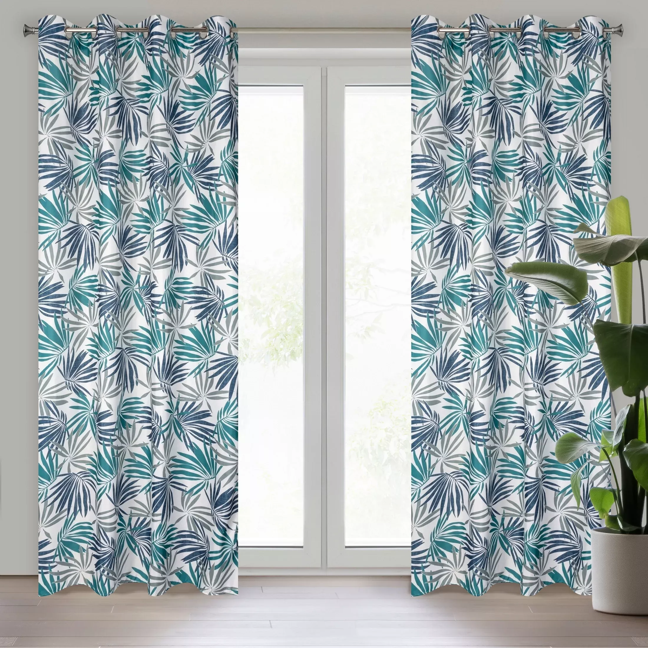 Zasłona biało, turkusowa we wzór liści 140x250 cm przelotka - ELINA - Design 91