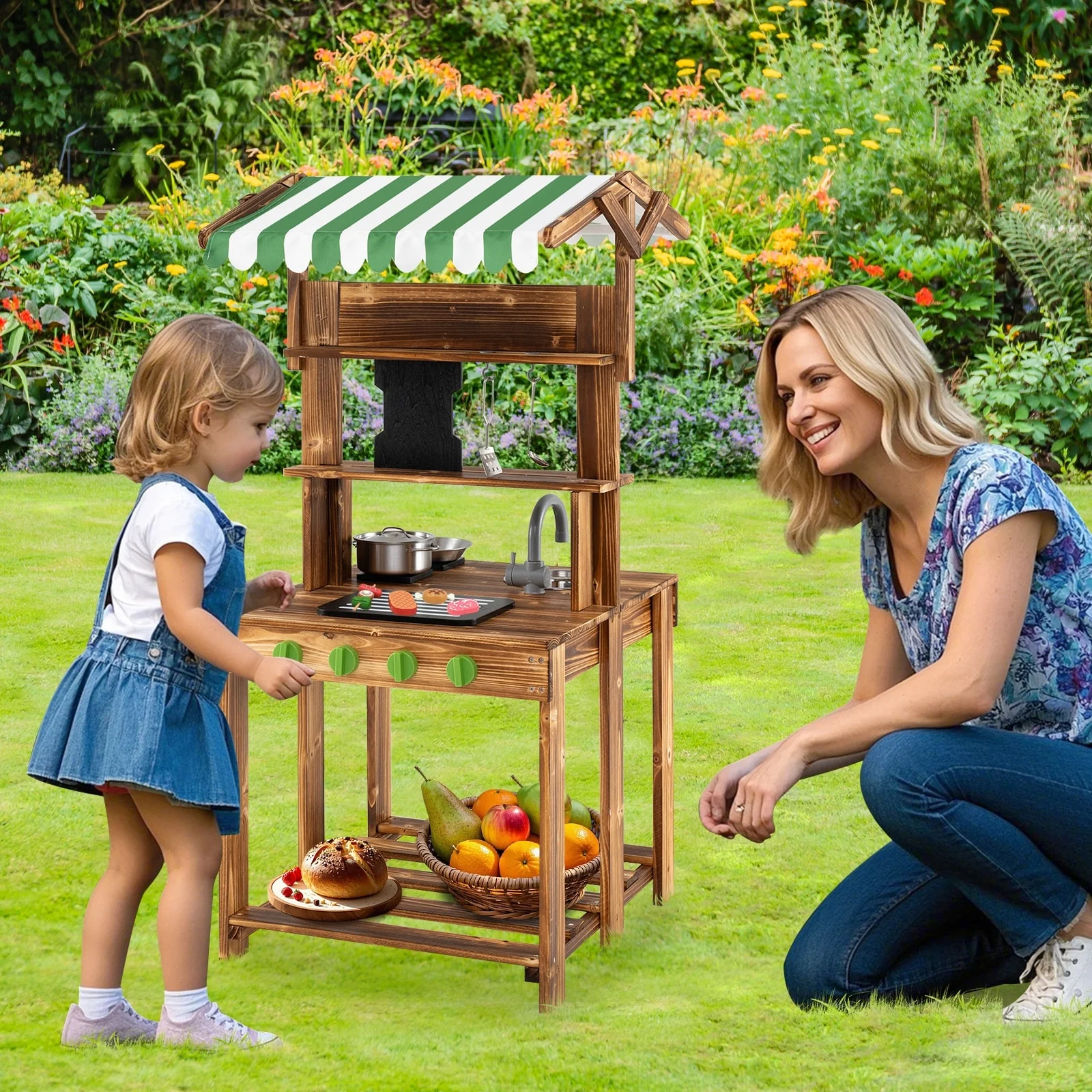 Double-Sided Mud Kitchen with Canopy and Chalkboard for 3+ Years Old-Natural - Multi
