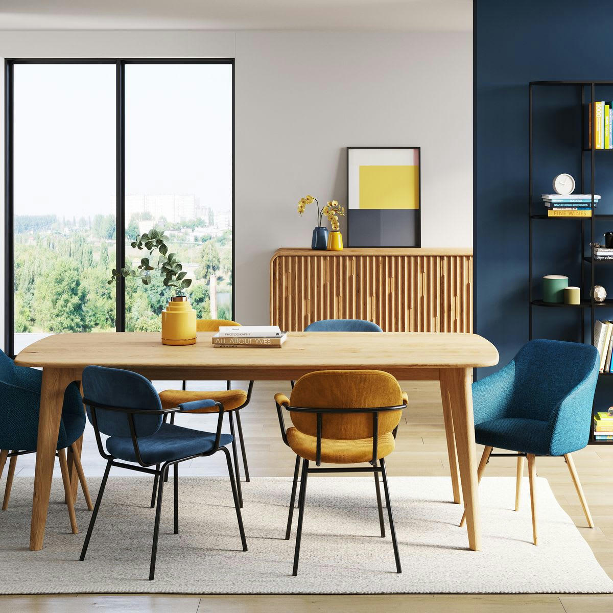 ASTON - Fauteuil velours côtelé bleu foncé