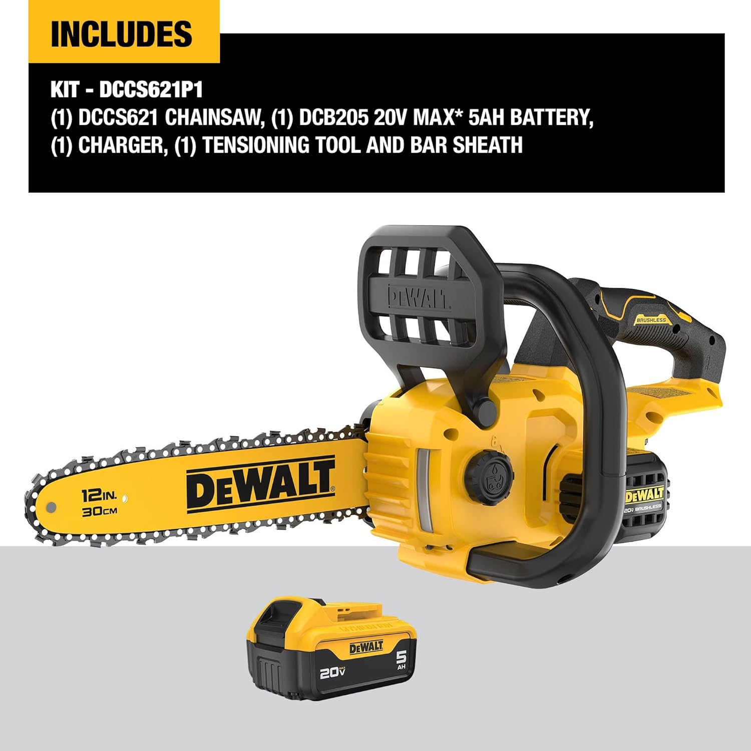 DEWALT 20V MAX 12 Cordless Chainsaw Kit with Battery and Charger Included (DCCS621P1)
