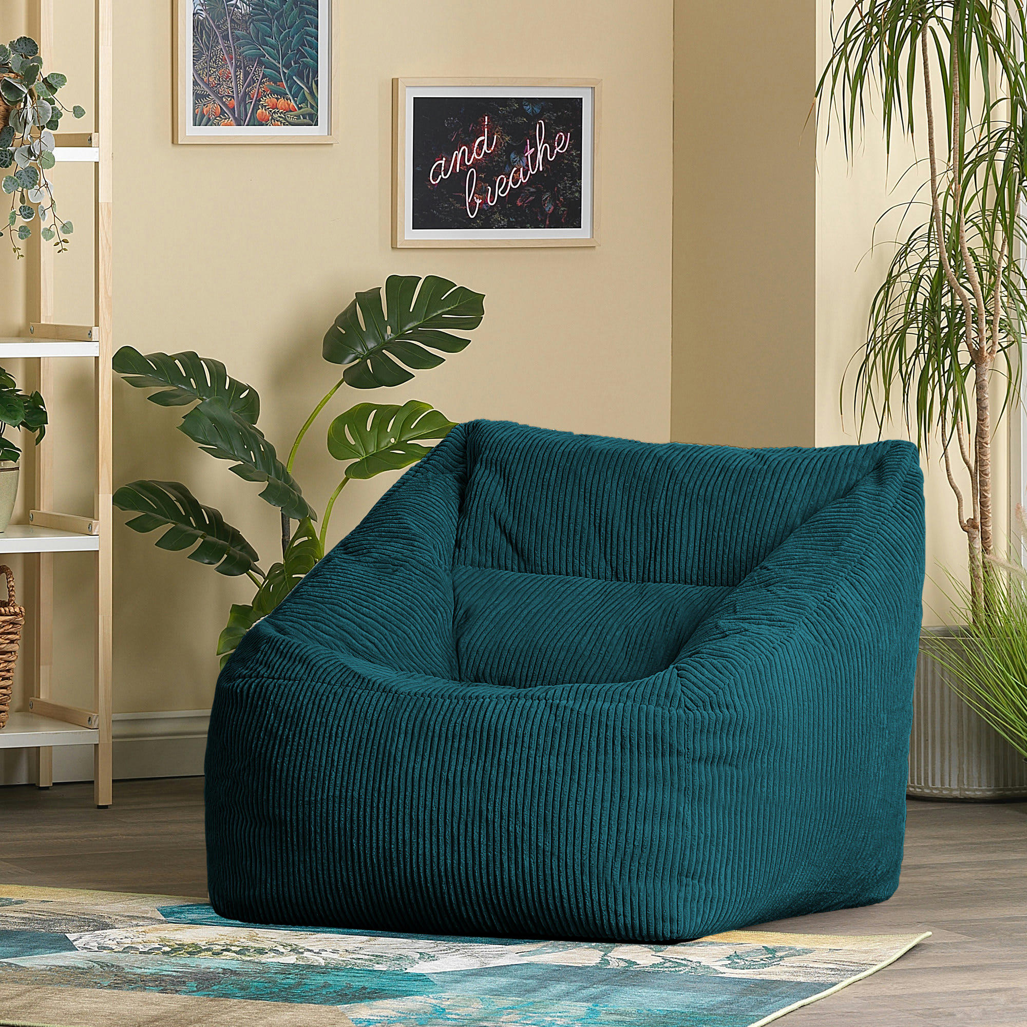 MORGAN - Pouf fauteuil velours côtelé bleu canard